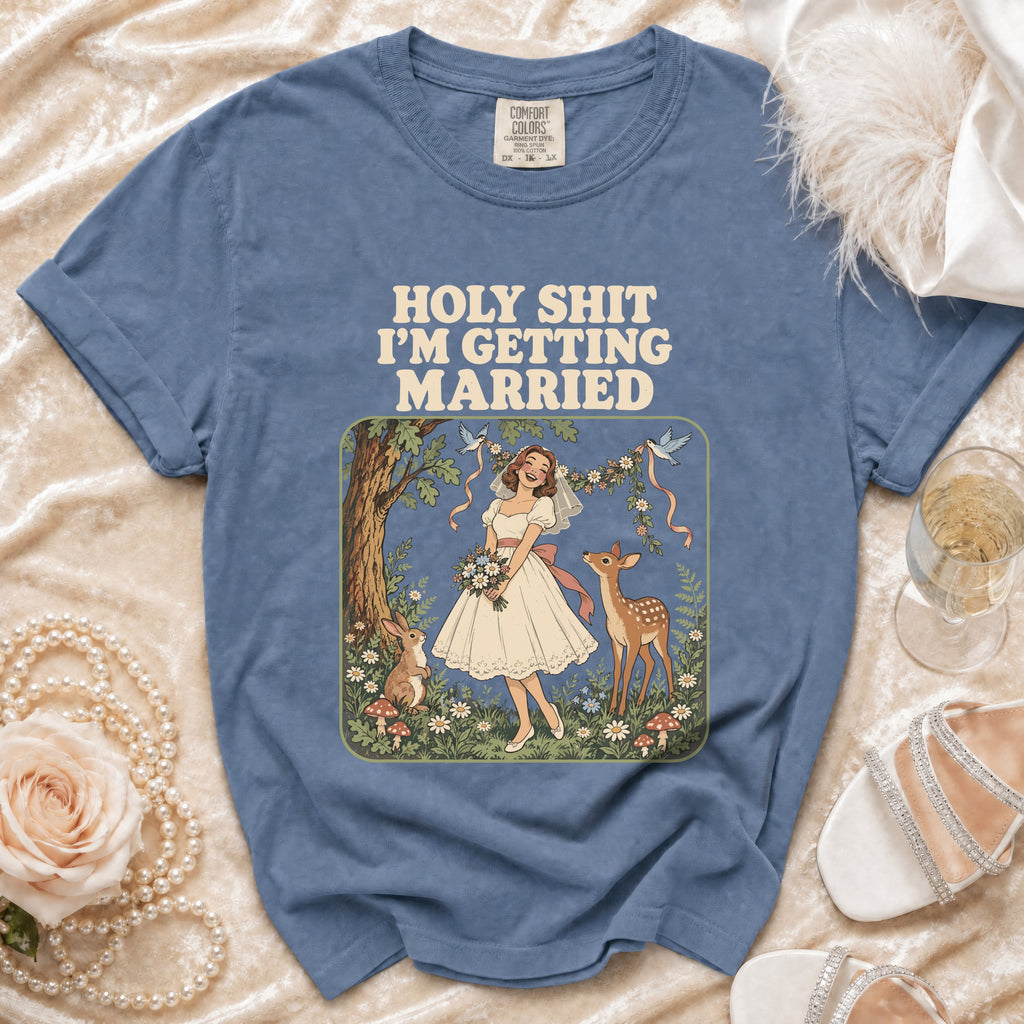 Blue t-shirt with "Holy Shit I'm Getting Married" text and a bride illustration.