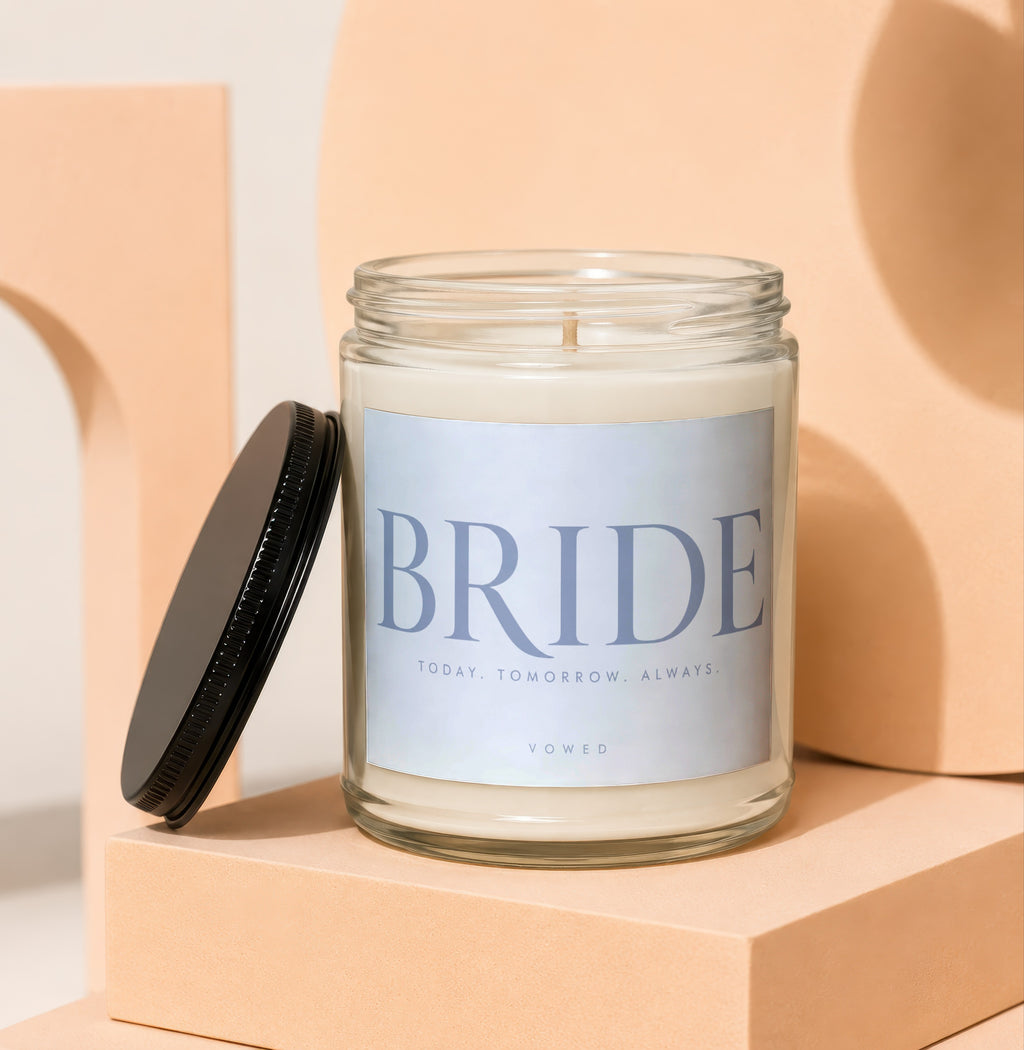 Bride candle with text "BRIDE", "TODAY. TOMORROW. ALWAYS.", "VOWED".