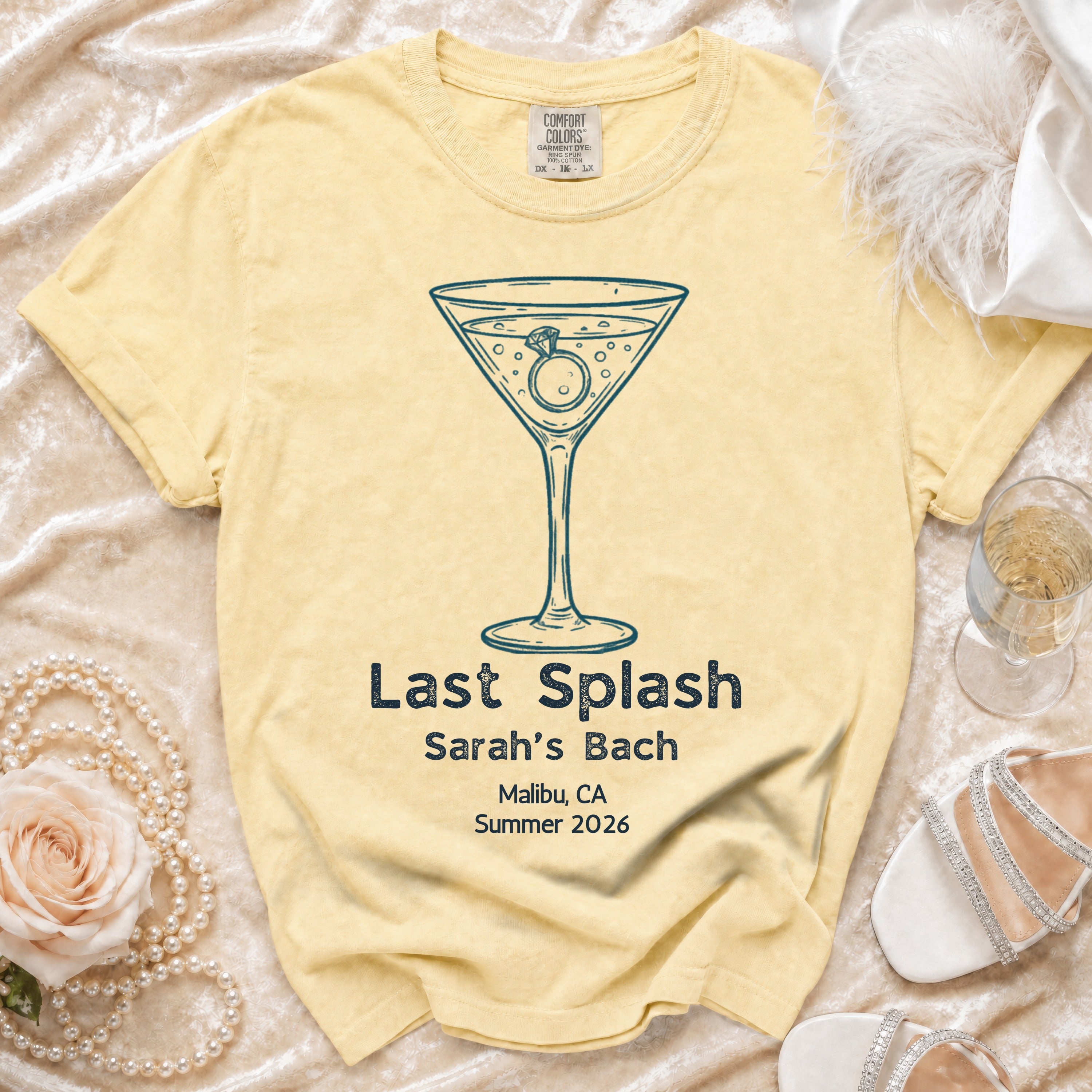 Yellow t-shirt with "Last Splash Sarah's Bach Malibu, CA Summer 2026" and a martini glass graphic.