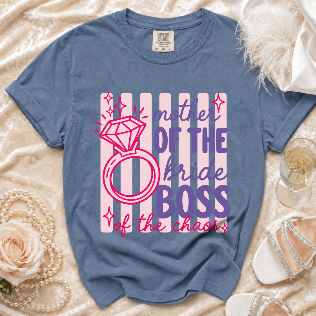 Blue t-shirt with "Mother of the Bride BOSS of the chaos" graphic and diamond ring.