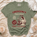 Green t-shirt with "Emergency Department This Bride Bites 'Til Death Looks Good On Me" text and art.