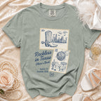Comfort Colors shirt with "Reckless in Texas" graphic, boots, and Texas imagery.