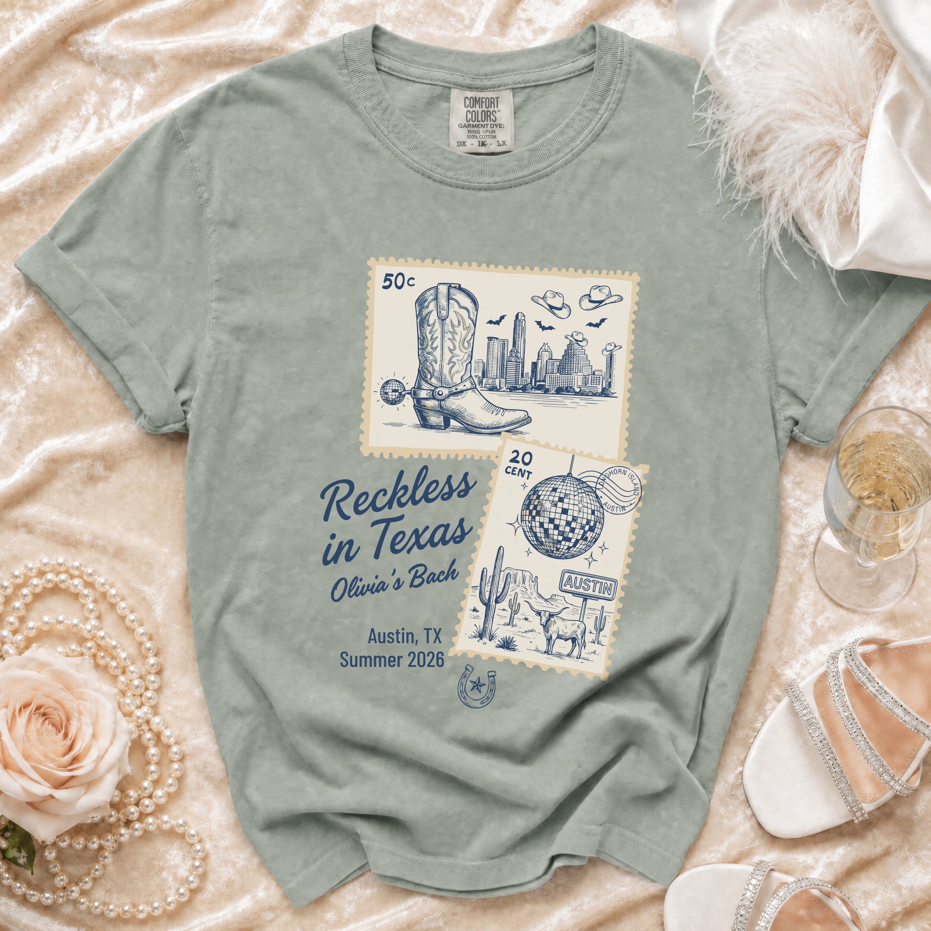 Comfort Colors shirt with "Reckless in Texas" graphic, boots, and Texas imagery.