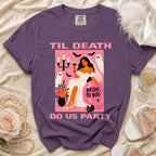 Purple t-shirt with "Til Death Do Us Party" text and bride-themed Halloween graphic.