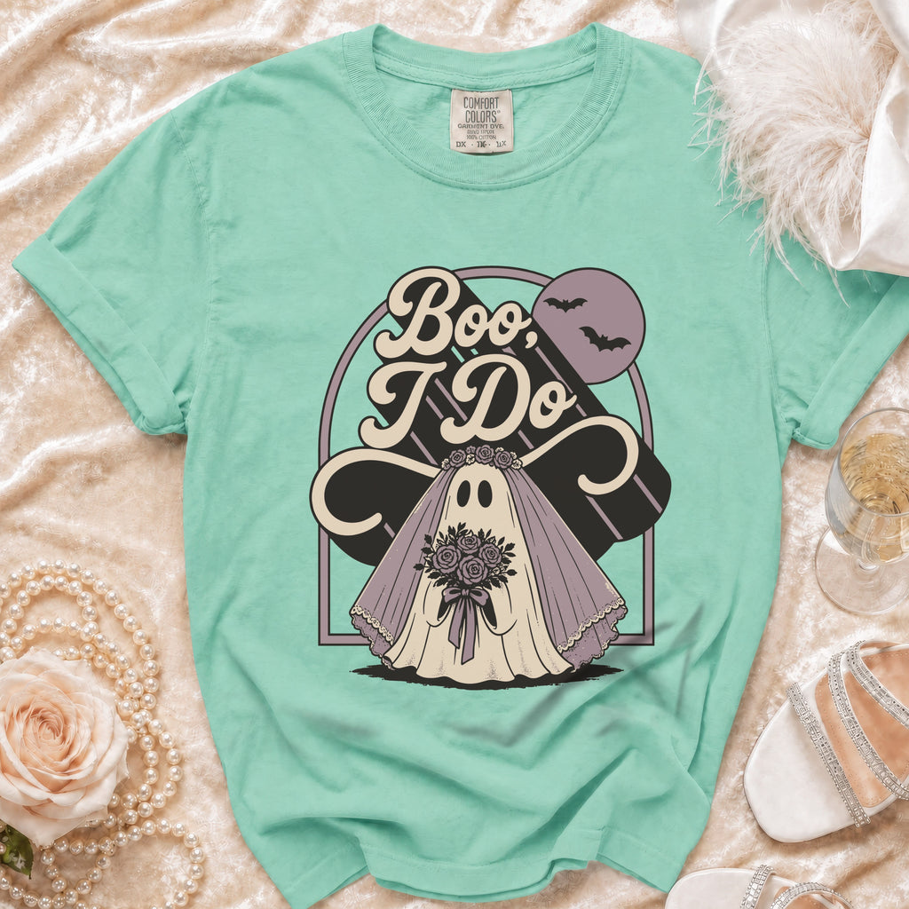 Mint green t-shirt with ghost bride graphic saying "Boo, I Do."