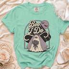 Mint green t-shirt with ghost bride graphic saying "Boo, I Do."