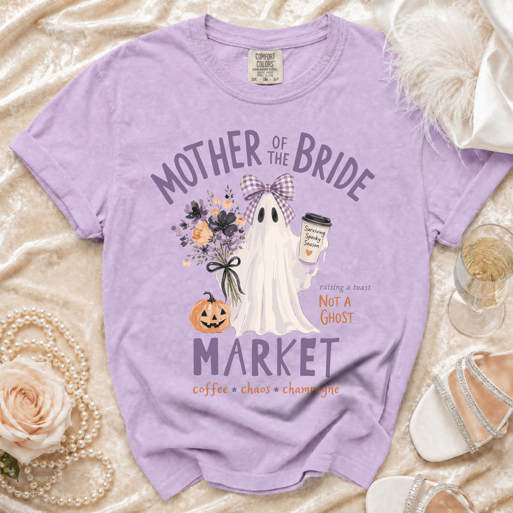 Purple t-shirt with "Mother of the Bride" ghost, pumpkin, and text.