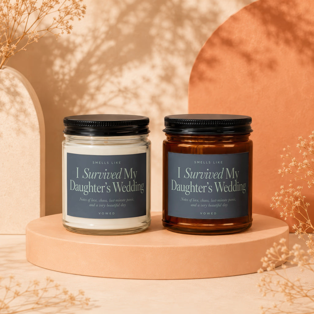 Two candles labeled "I Survived My Daughter's Wedding" with descriptive text.