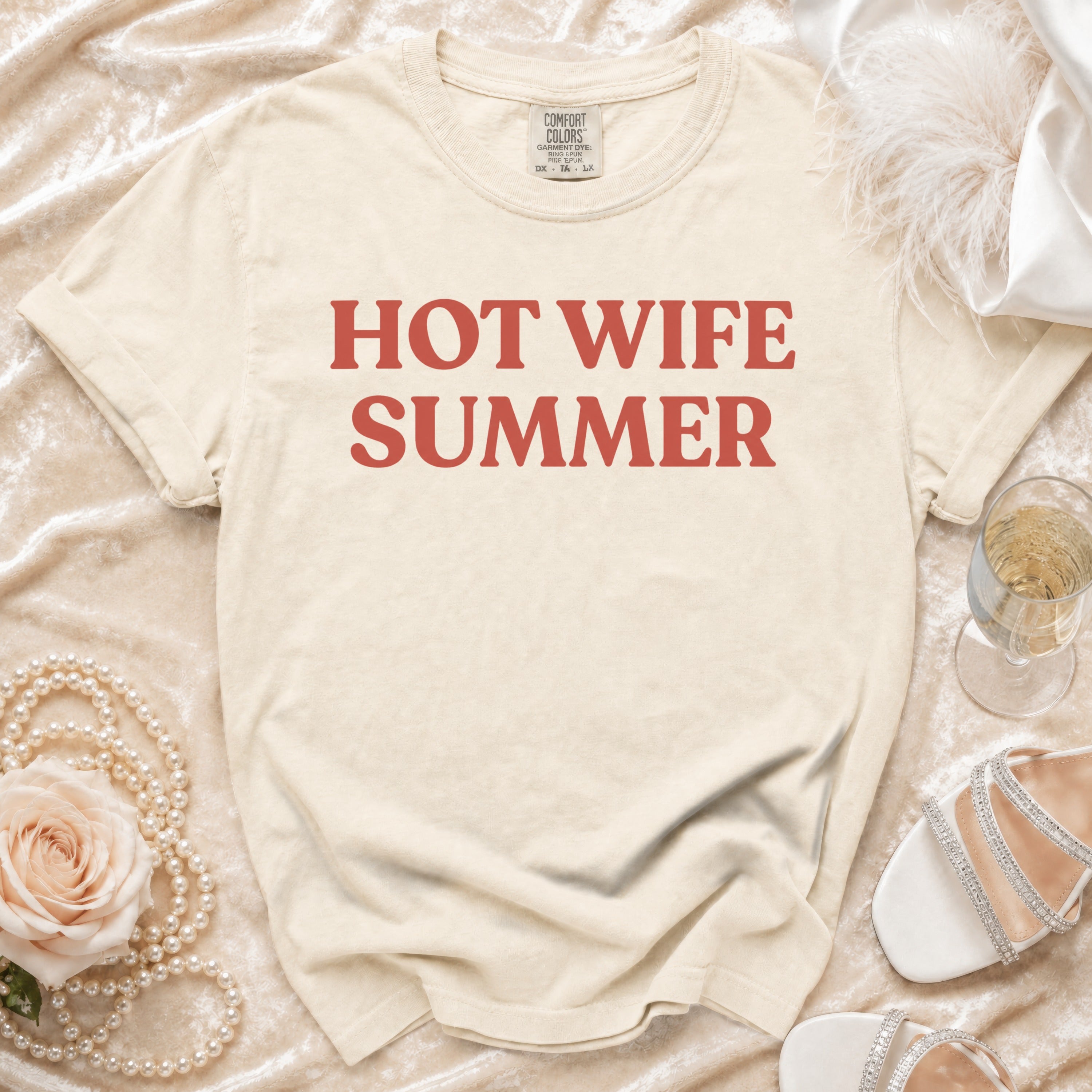 Cream t-shirt with red text "HOT WIFE SUMMER".