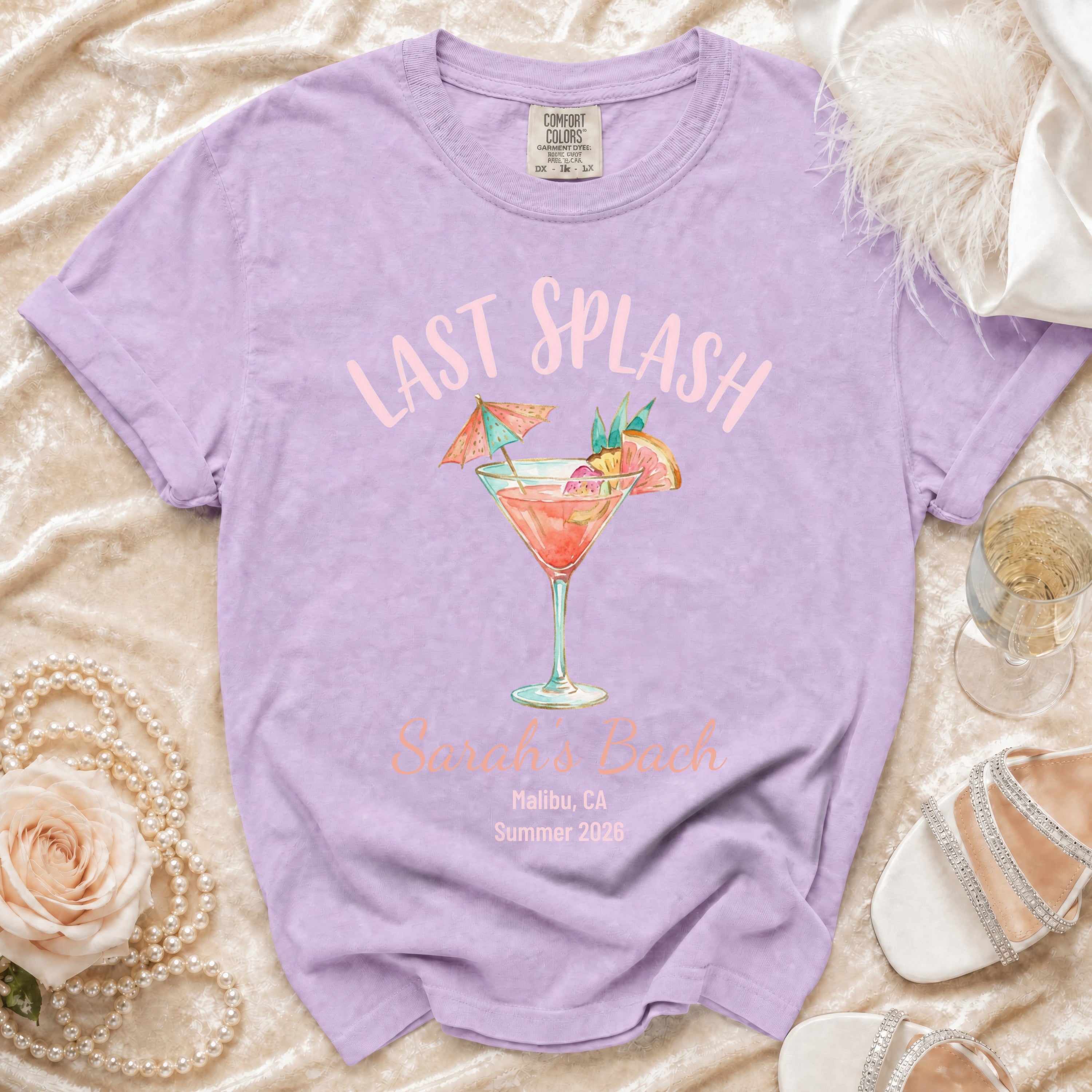 Purple t-shirt with "Last Splash" and "Sarah's Bach Malibu, CA Summer 2026" text.
