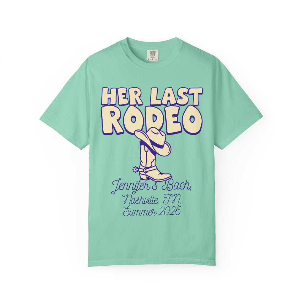 "Her Last Rodeo" t-shirt with cowboy boot graphic for Jennifer's Bach party.