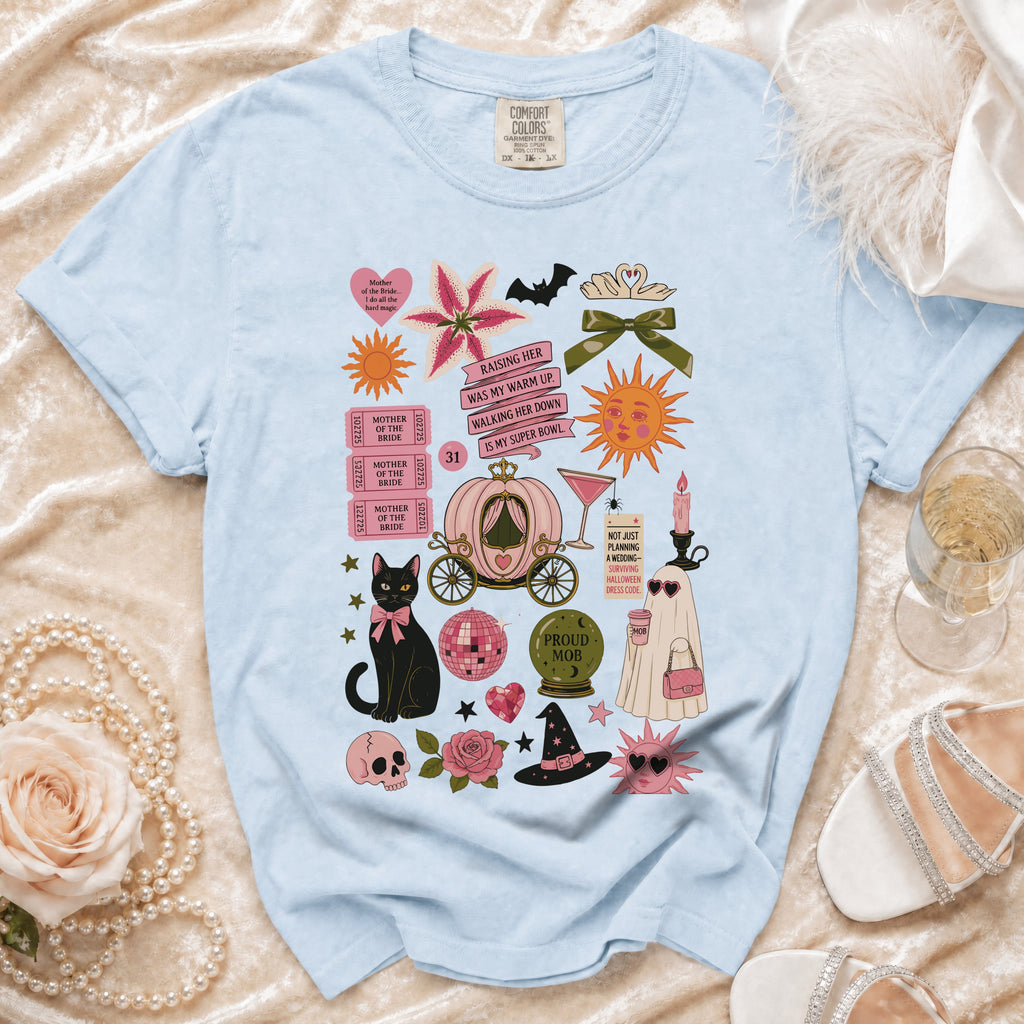 Light blue t-shirt with wedding, Halloween, and witchy graphic elements.