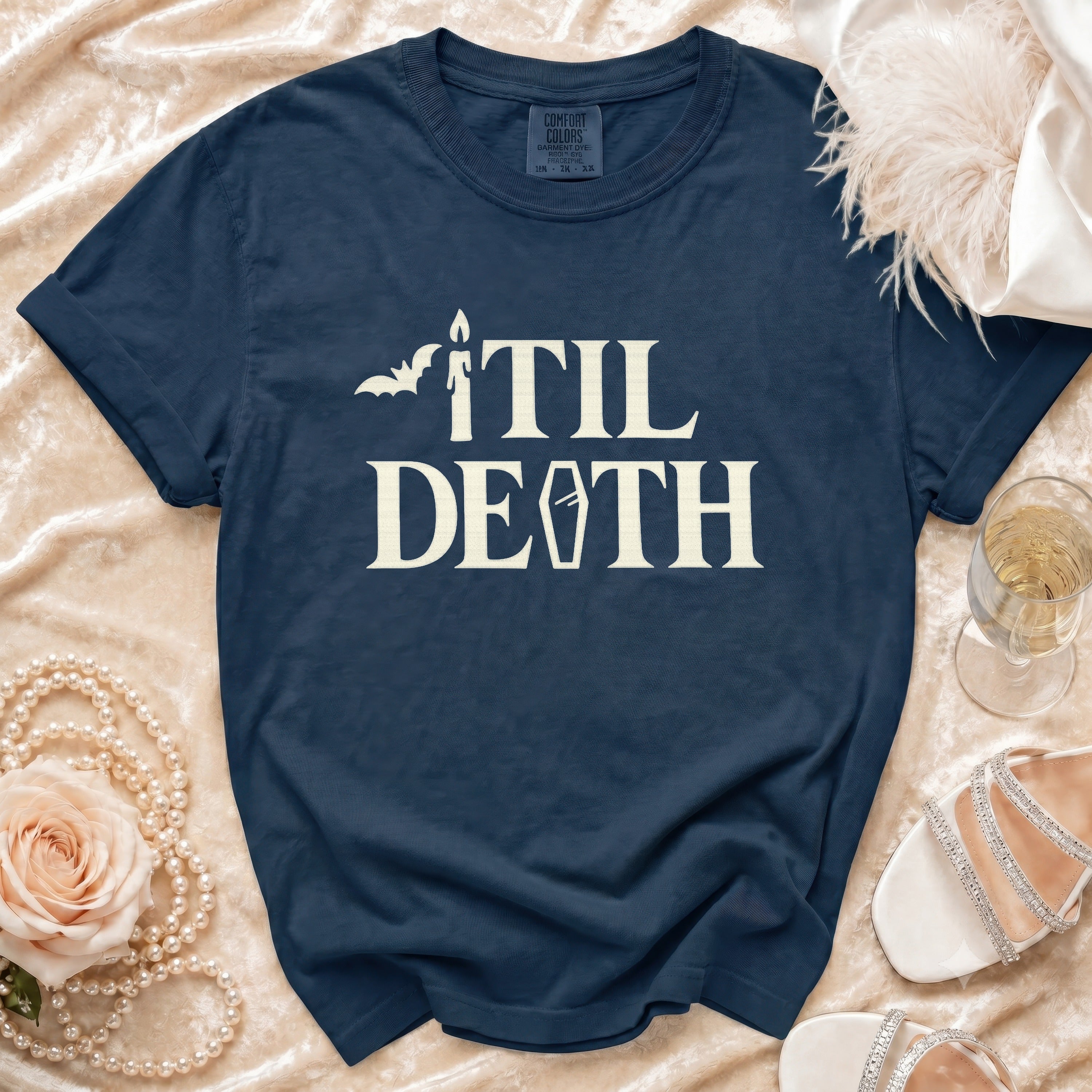Navy t-shirt with " 'til Death" graphic featuring a bat, candle, and coffin.