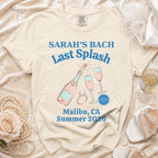 Cream t-shirt with "Sarah's Bach Last Splash" and beach/bachelorette graphics.