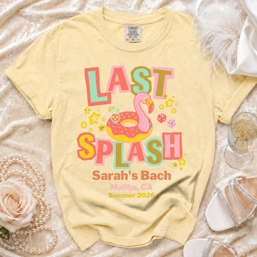 T-shirt with "Last Splash" text, flamingo, and beach theme graphics.