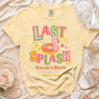 T-shirt with "Last Splash" text, flamingo, and beach theme graphics.