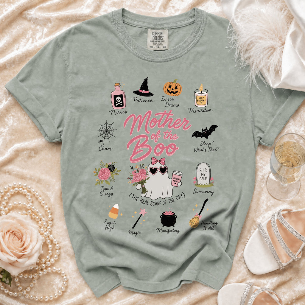 T-shirt with "Mother of the Boo" graphic and Halloween-themed icons with text descriptions.
