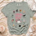 T-shirt with "Mother of the Boo" graphic and Halloween-themed icons with text descriptions.