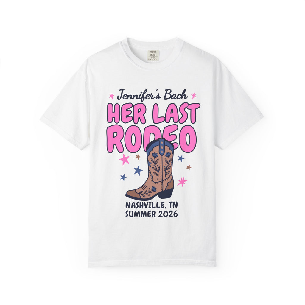 White t-shirt with "Jennifer's Bach Her Last Rodeo Nashville, TN Summer 2026" text.