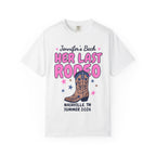 White t-shirt with "Jennifer's Bach Her Last Rodeo Nashville, TN Summer 2026" text.