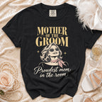Black t-shirt with "Mother of the Groom" and a glamorous woman graphic.