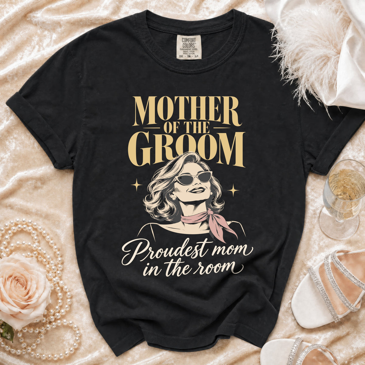 Black t-shirt with "Mother of the Groom" and a glamorous woman graphic.