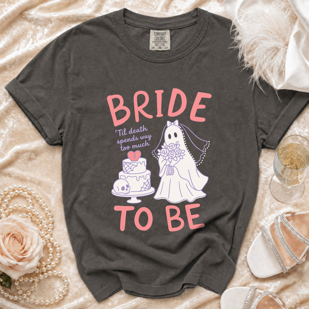 Bride to Be t-shirt with ghost bride, wedding cake, and skull graphic.