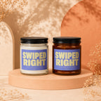 Two candles with "SWIPED RIGHT BEST DECISION EVER" text on purple labels.