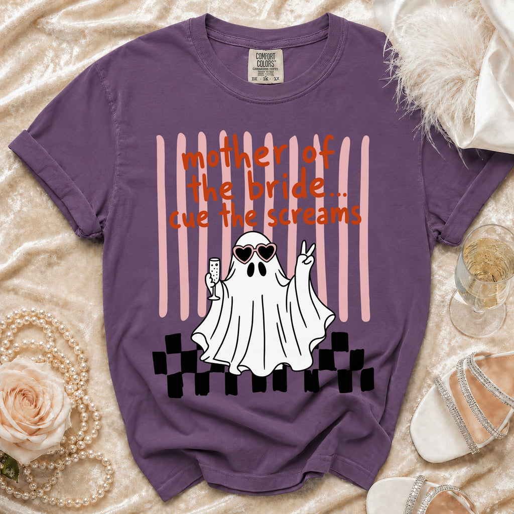 Purple t-shirt with ghost graphic and "mother of the bride...cue the screams" text.