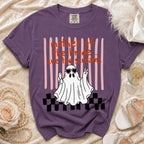 Purple t-shirt with ghost graphic and "mother of the bride...cue the screams" text.
