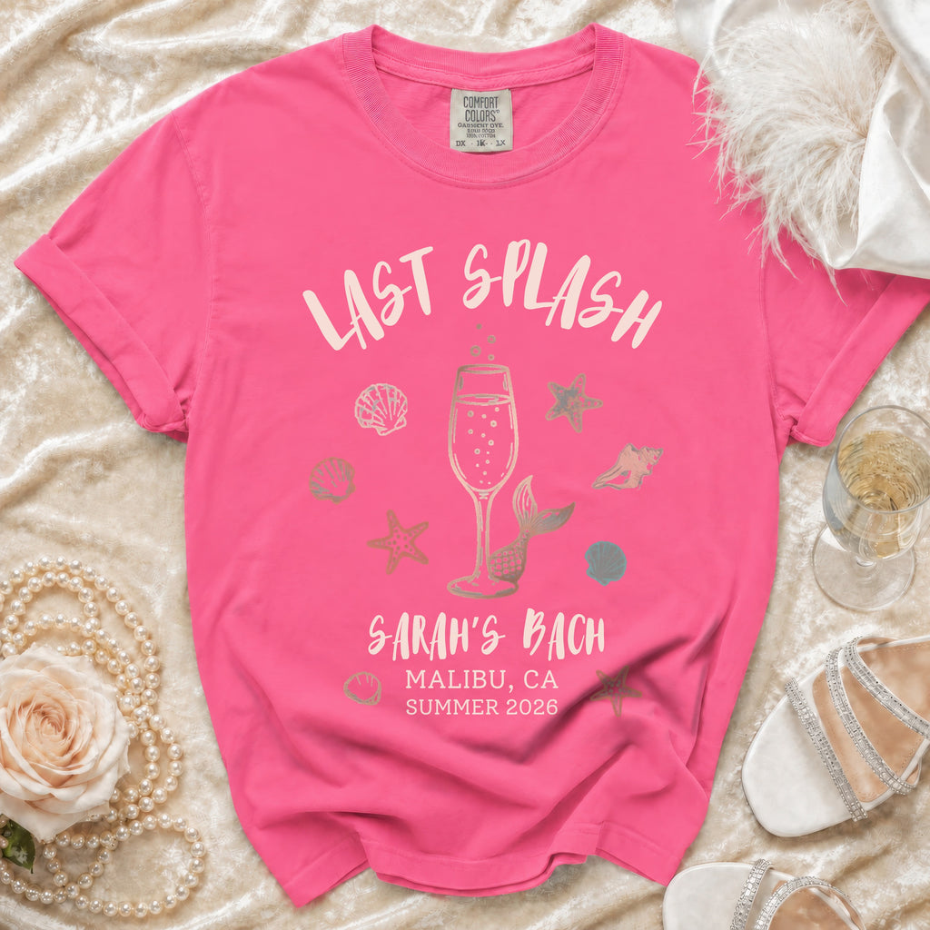 Pink t-shirt with "Last Splash Sarah's Bach Malibu CA Summer 2026" and beach graphics.