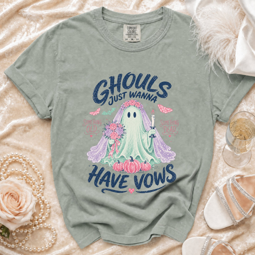Ghoul bridal graphic t-shirt with text "GHOULS JUST WANNA HAVE VOWS".