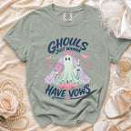 Ghoul bridal graphic t-shirt with text "GHOULS JUST WANNA HAVE VOWS".