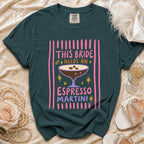 Teal t-shirt with "This bride needs an espresso martini" text and martini graphic.