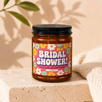 Bridal Shower candle with floral design and text "Gifts, Games and Happy Tears."