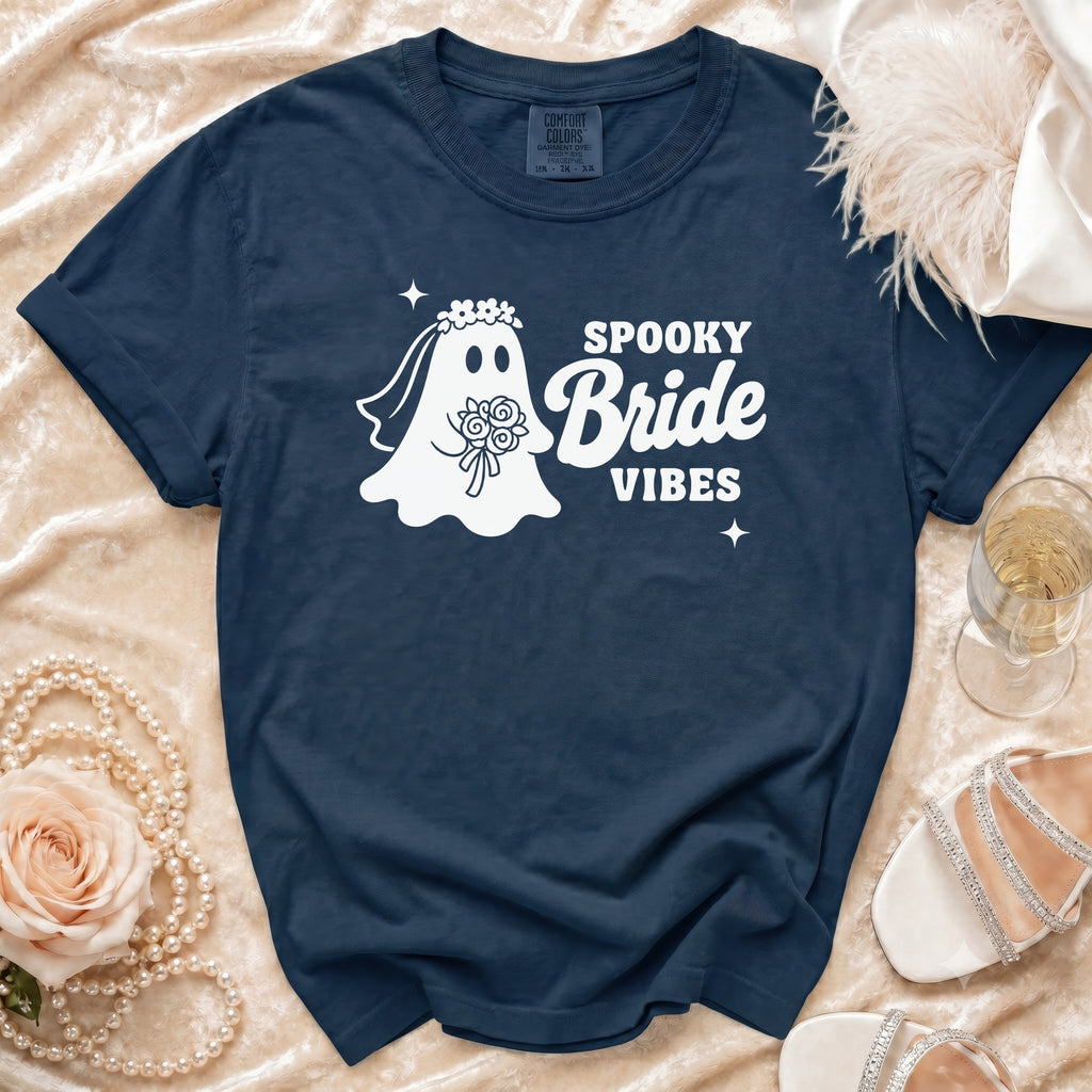 Navy t-shirt with white "Spooky Bride Vibes" text and ghost graphic.