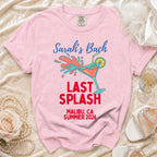 Pink t-shirt with "Sarah's Bach LAST SPLASH MALIBU, CA SUMMER 2026" graphic.