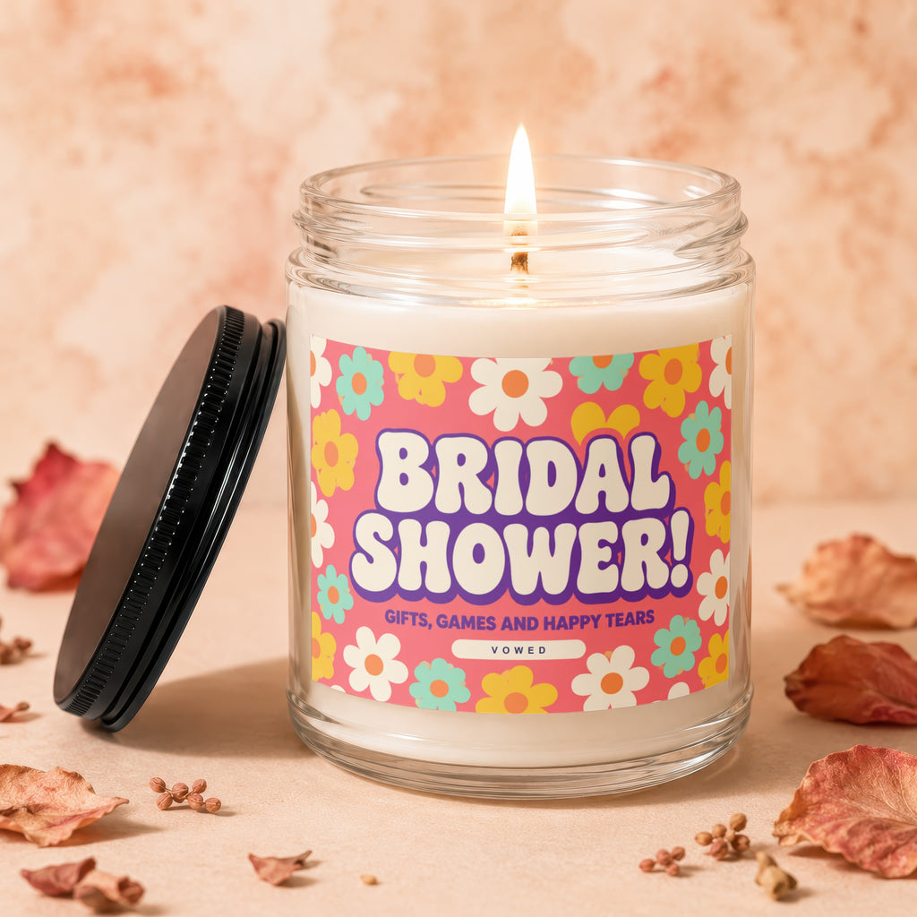 Bridal Shower candle with retro flowers, "Gifts, Games and Happy Tears," and "Vowed."
