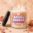 Bridal Shower candle with retro flowers, "Gifts, Games and Happy Tears," and "Vowed."