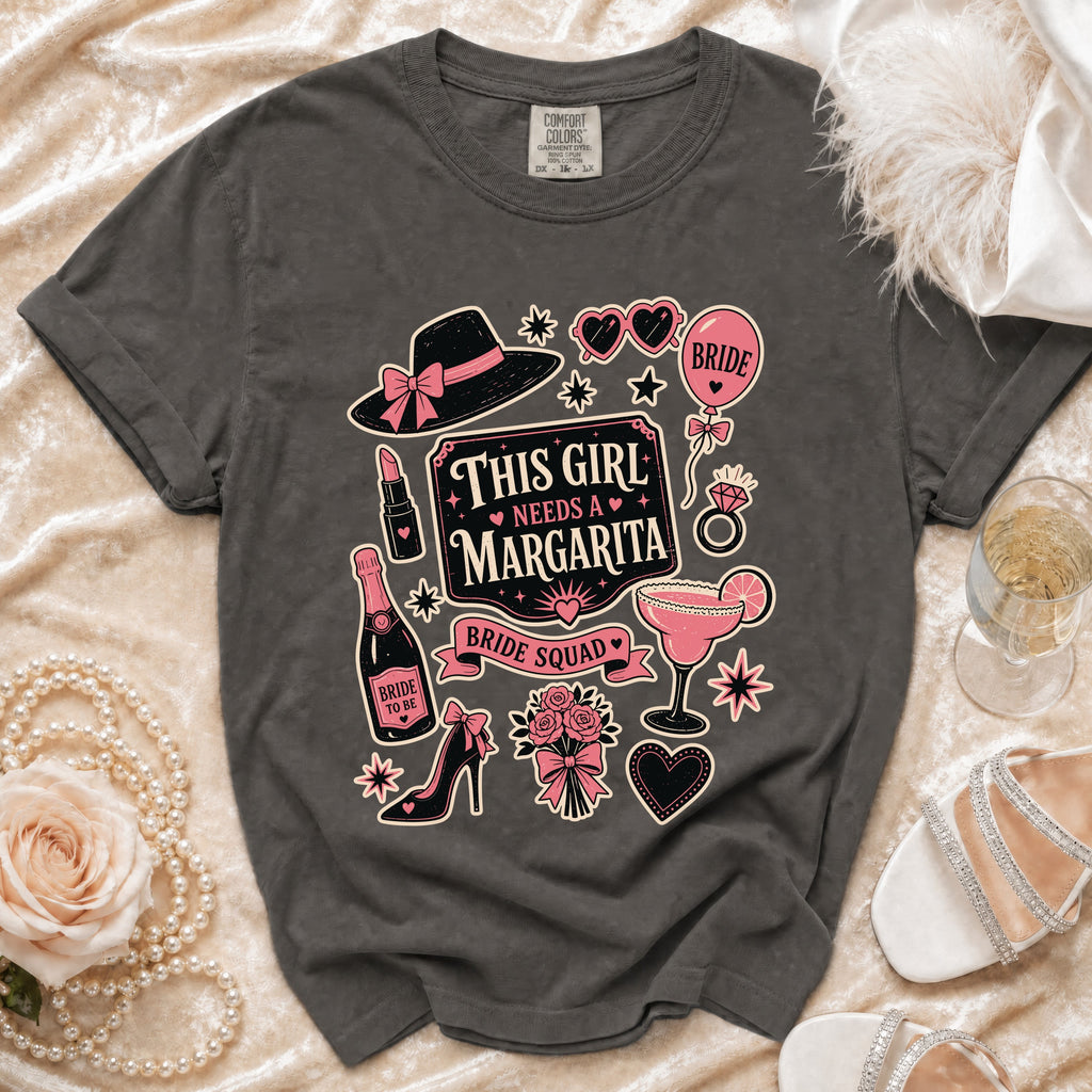 Dark gray t-shirt with "This Girl Needs a Margarita" text and bridal graphics.