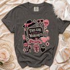 Dark gray t-shirt with "This Girl Needs a Margarita" text and bridal graphics.