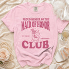 Pink t-shirt with "Proud Member of the Maid of Honor Club" graphic and diamond ring.