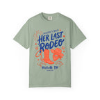 "Her Last Rodeo" Nashville bachelorette t-shirt with cowboy boots and hat graphic.