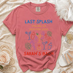 Coral t-shirt with "Last Splash Malibu CA Summer 2026 Sarah's Bach" and graphics.