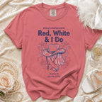 Red, white, and blue bachelorette t-shirt with cowboy hat, veil, and fireworks.
