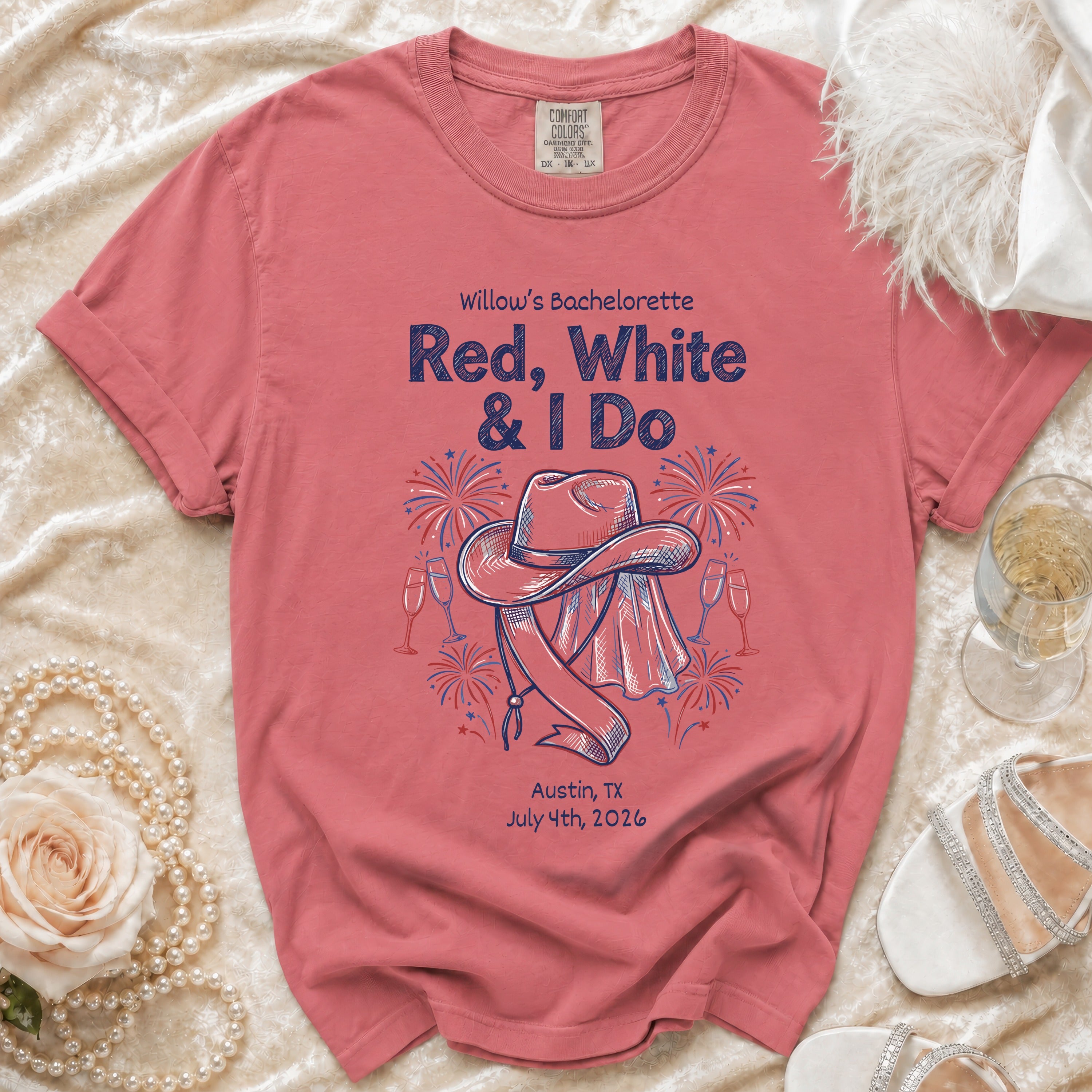 Red, white, and blue bachelorette t-shirt with cowboy hat, veil, and fireworks.