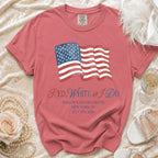 Red, White & I Do bachelorette t-shirt with American flag and event details.