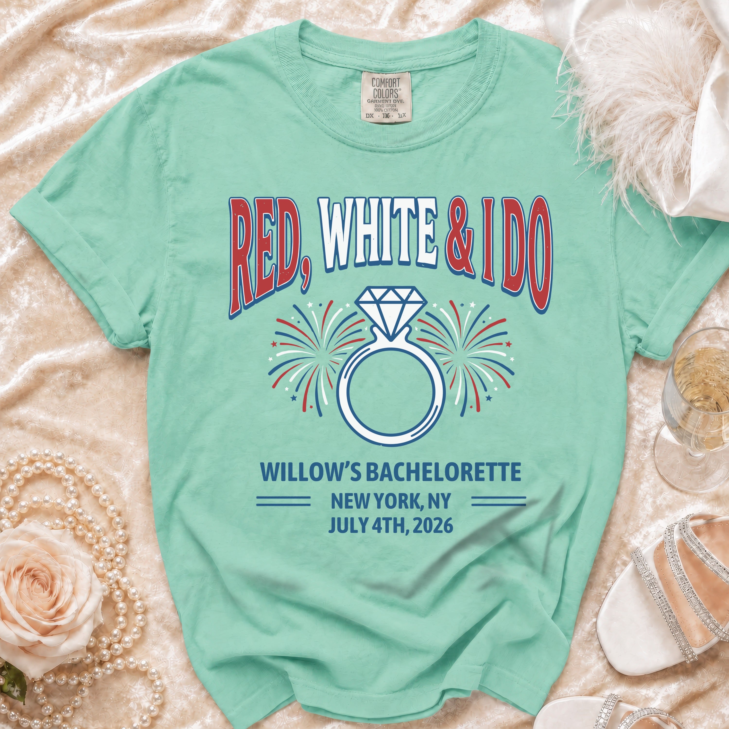 Red, White & I Do bachelorette t-shirt with ring and fireworks.