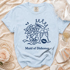 Light blue t-shirt with "Maid of Dishonor" text and crown, flowers, glasses, and lips graphic.
