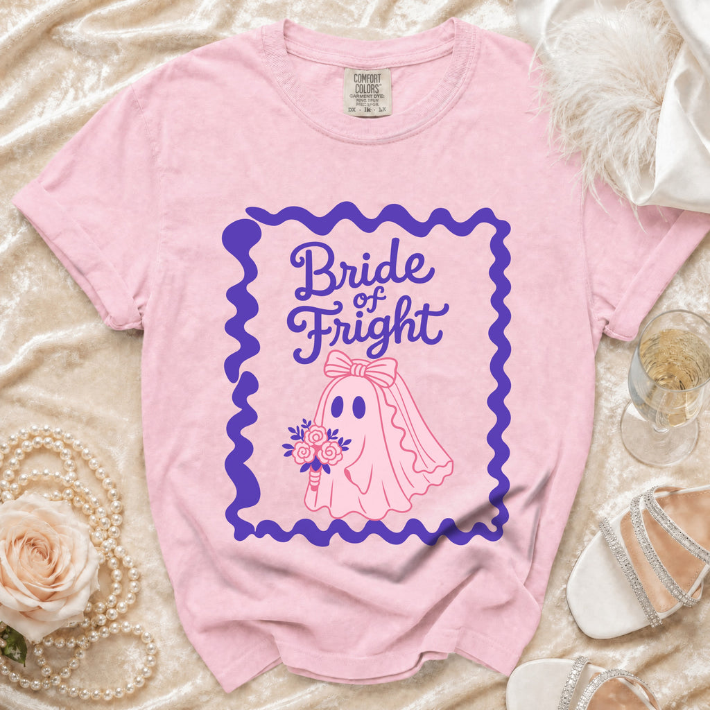 Pink t-shirt with "Bride of Fright" text and a ghost bride graphic.